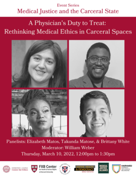 Red poster with event information and four black and white photos of the speakers in a 2x2 grid