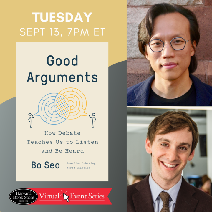 event poster with an image of the book cover, a picture of a smiling asian man with glasses, and a smiling white man