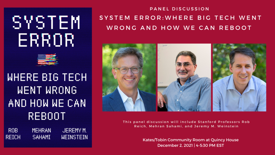 Red poster with System Error book cover and three pictures of the three panelists